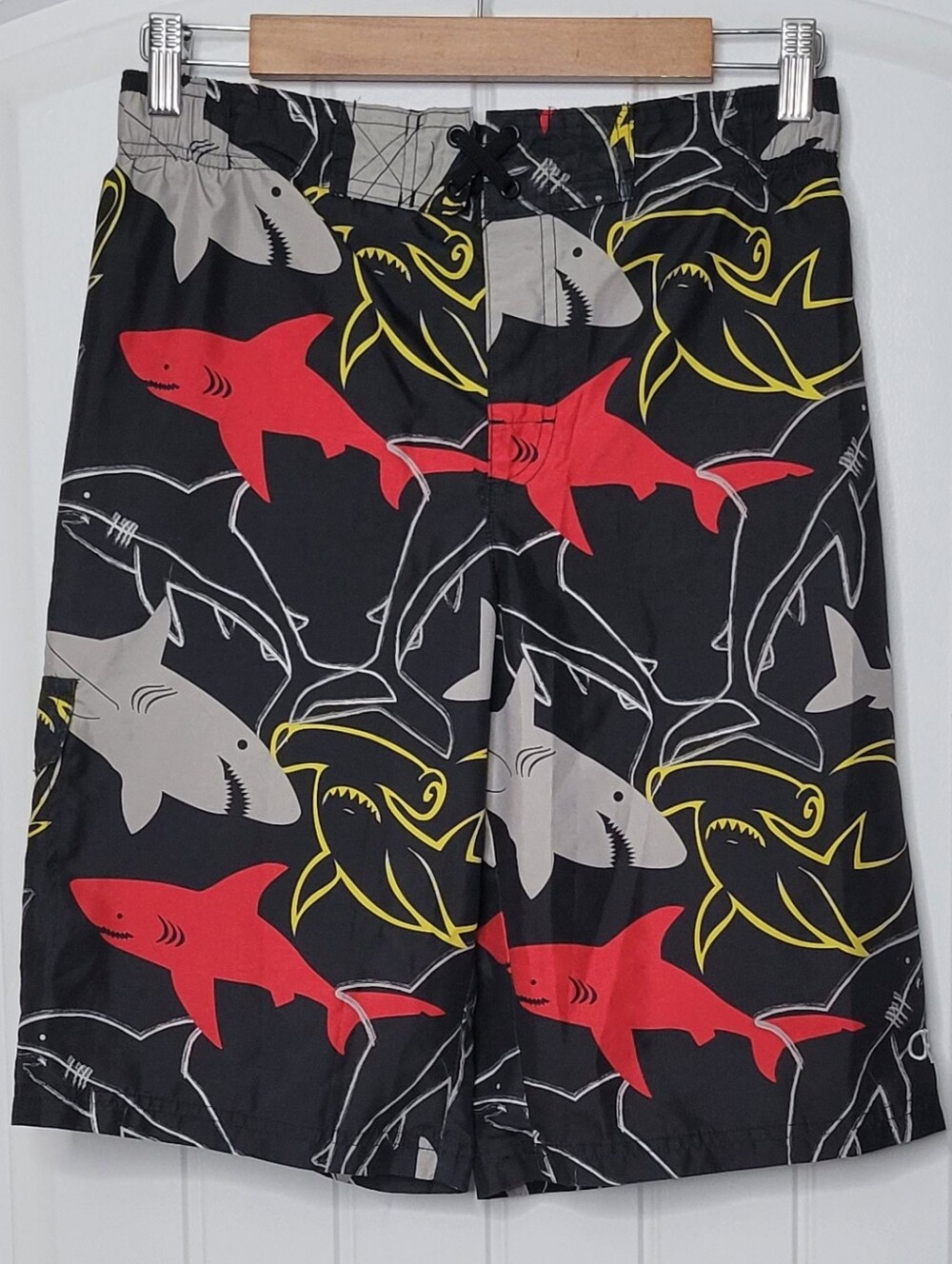 OP Boy's Black Shark Print Board Shorts with Red, Gray & Yellow
